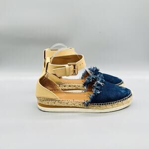See By Chloé Sandals Womens 9 Blue denim Espadrille Ankle Strap Wedge Shoes